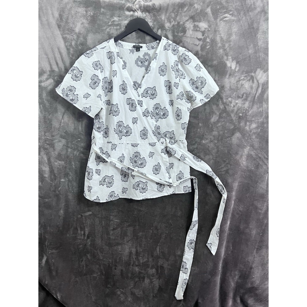 Ann Taylor Women's Sz 14 White Short Sleeve Wrap Blouse Crossover Bow LagenLook